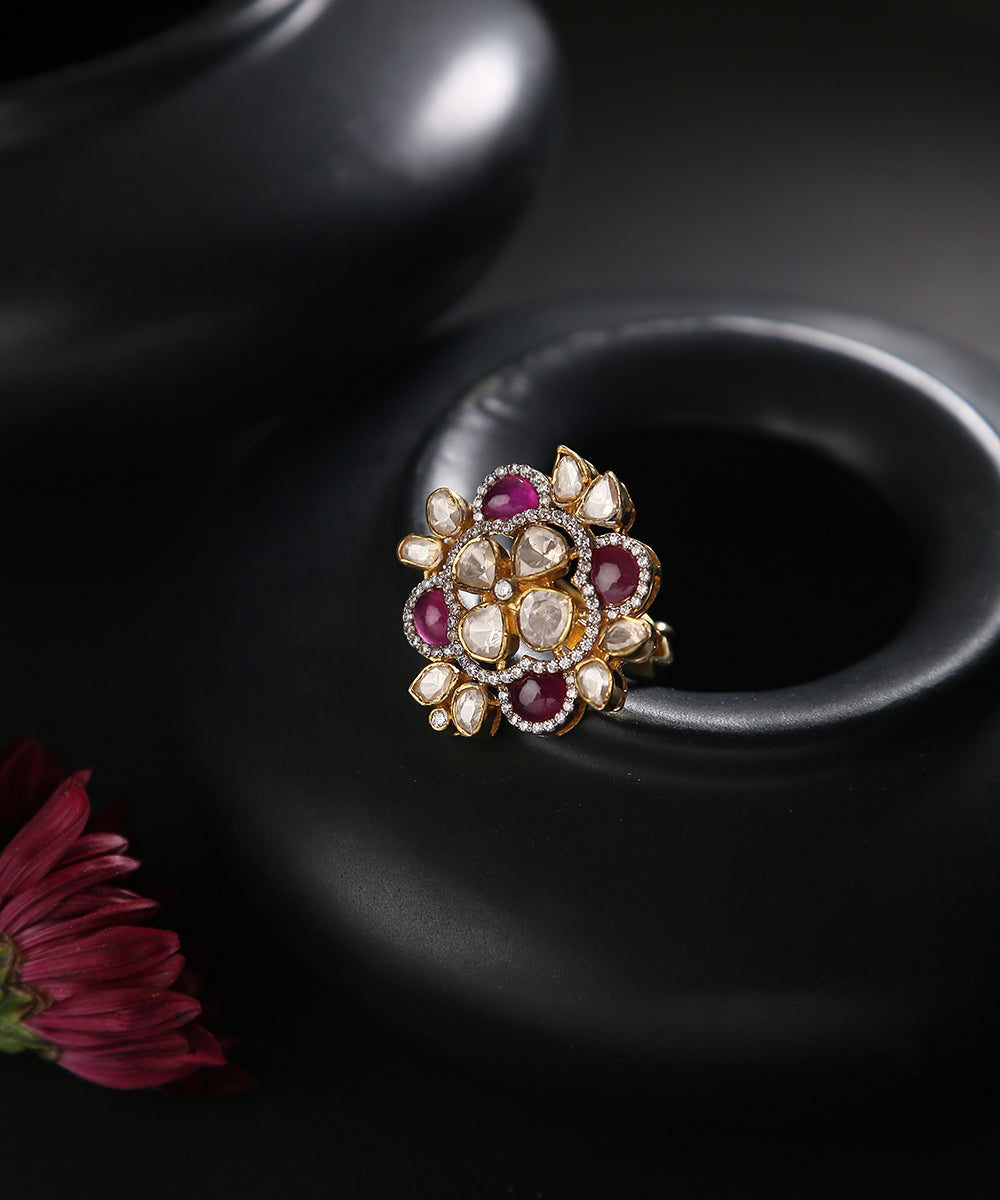 Aamina_Handcrafted_Pure_Silver_Ring_With_Moissanite_Polki_And_Ruby_WeaverStory_01