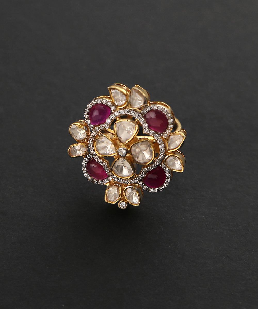 Aamina_Handcrafted_Pure_Silver_Ring_With_Moissanite_Polki_And_Ruby_WeaverStory_02