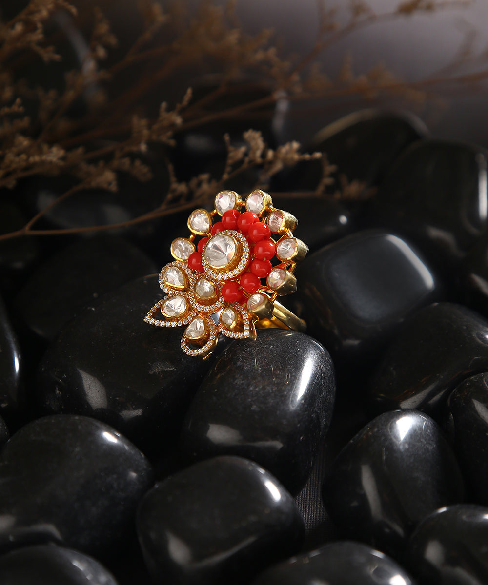 Handcrafted_Saanvi_Pure_Silver_Ring_With_Moissanite_Polki_And_Orange_Beads_WeaverStory_01