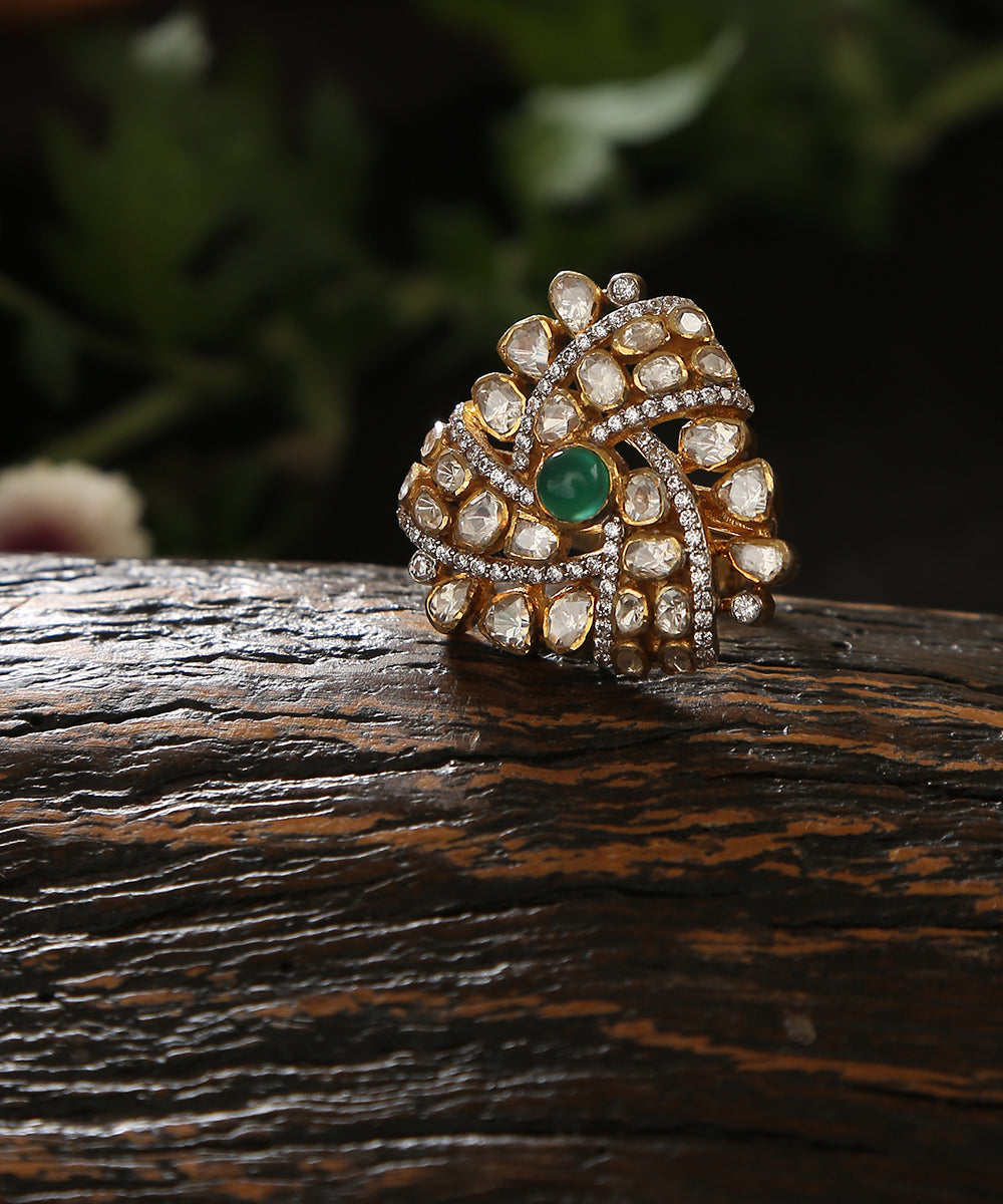 Ajara_Handcrafted_Pure_Silver_Ring_With_Emeralds_And_Moissanite_Polki_WeaverStory_01