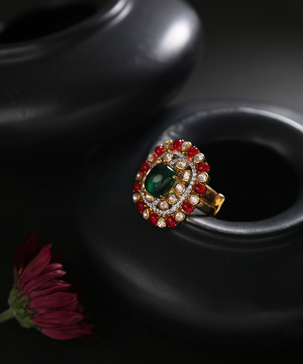 Aasma_Handcrafted_Ring_In_Pure_Silver_With_Moissanite_Polki_And_Emeralds_WeaverStory_01
