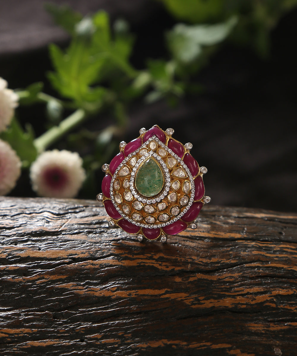 Ekam_Handcrafted_Pure_Silver_Ring_With_Ruby_And_Emerald_WeaverStory_01