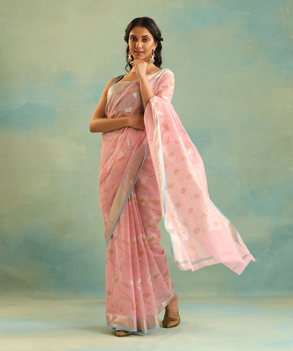 Pink_Handloom_Pure_Kota_Tissue_Saree_With_Floral_Jaal_WeaverStory_02