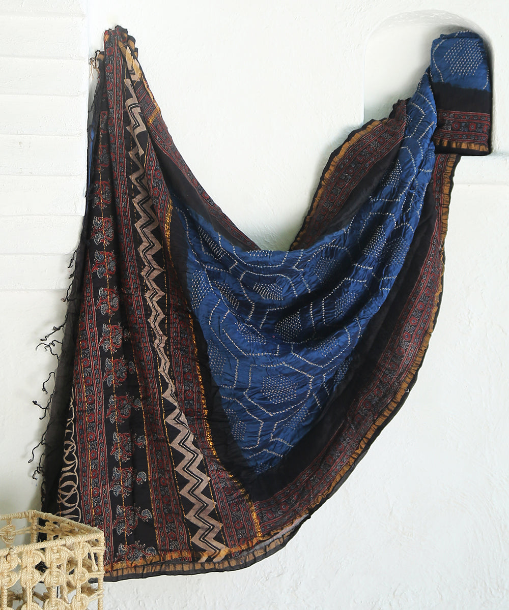 Blue_And_Black_Handloom_Maheshwari_Silk_Bandhani_Saree_With_Hand_Block_Ajrakh_Print_WeaverStory_01