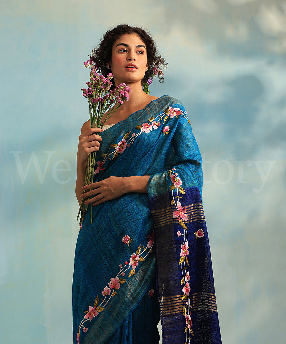 Blue_Handloom_Tussar_Silk_Parsi_Gara_Saree_With_Floral_Bel_WeaverStory_01