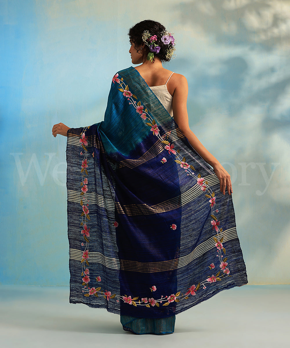 Blue_Handloom_Tussar_Silk_Parsi_Gara_Saree_With_Floral_Bel_WeaverStory_03
