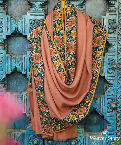 Rust_Peach_Handloom_Parsi_Gara_Pashmina_Stole_With_Floral_Motifs_Border_WeaverStory_01