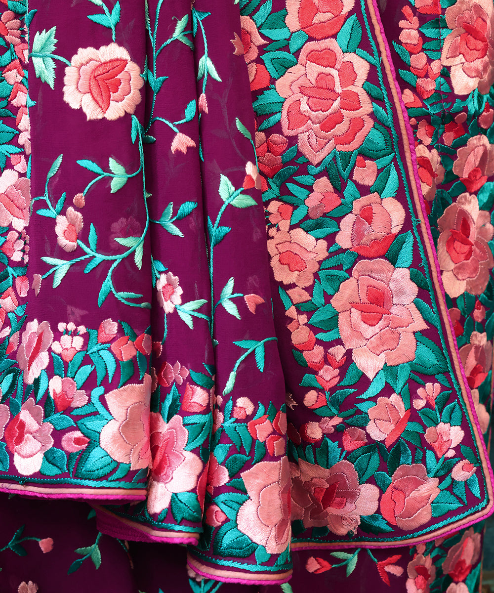Wine_Georgette_Parsi_Gara_Dupatta_With_All_Over_Jaal_And_Rose_Border_WeaverStory_05