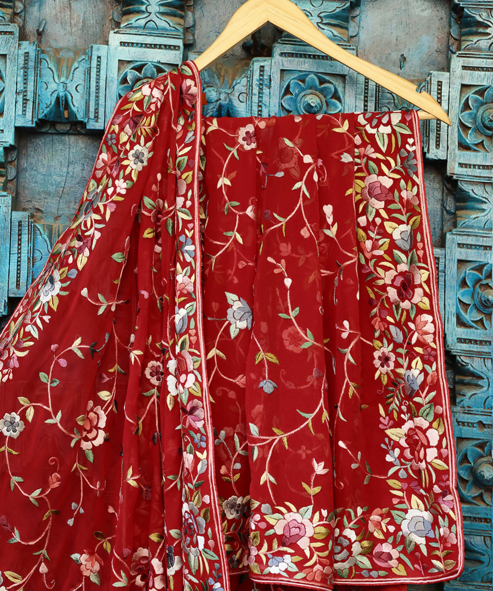 Red_Georgette_Parsi_Gara_Dupatta_With_All_Over_Jaal_And_Floral_Border_WeaverStory_01