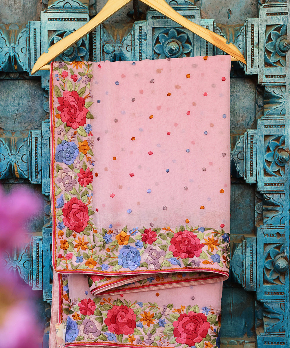 Pink_Handloom_Georgette_Parsi_Gara_Dupatta_With_Embroidered_Multicoloured_Rose_Border_WeaverStory_01