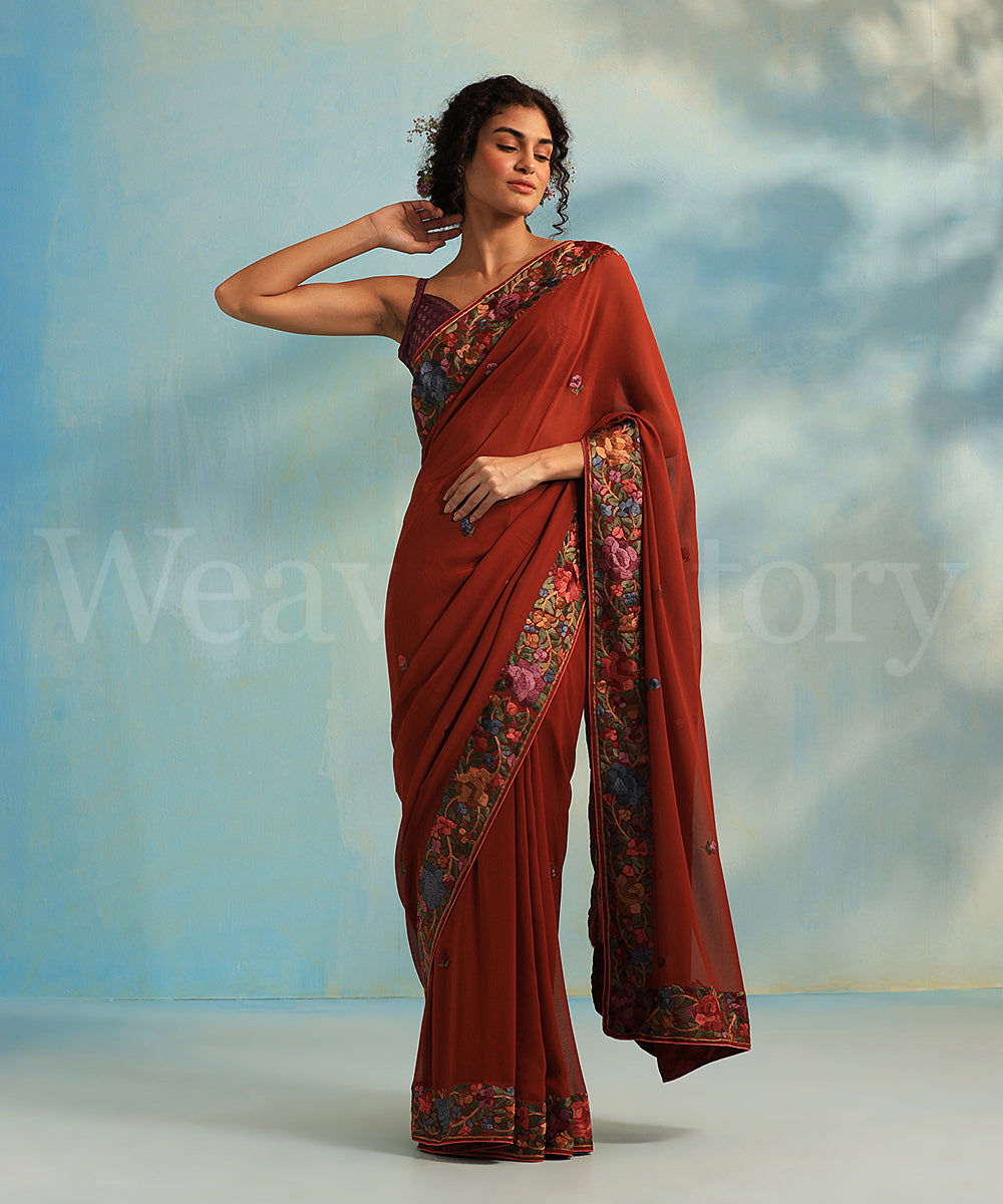 Brown_Handloom_Georgette_Parsi_Gara_Saree_With_All_Over_Booties_And_Rose_Border_WeaverStory_02