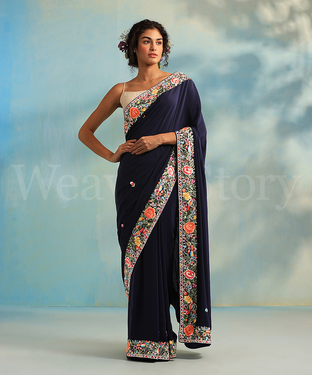 Dark_Blue_Handloom_Crepe_Parsi_Gara_Saree_With_All_Over_Booties_And_Floral_Border_WeaverStory_02