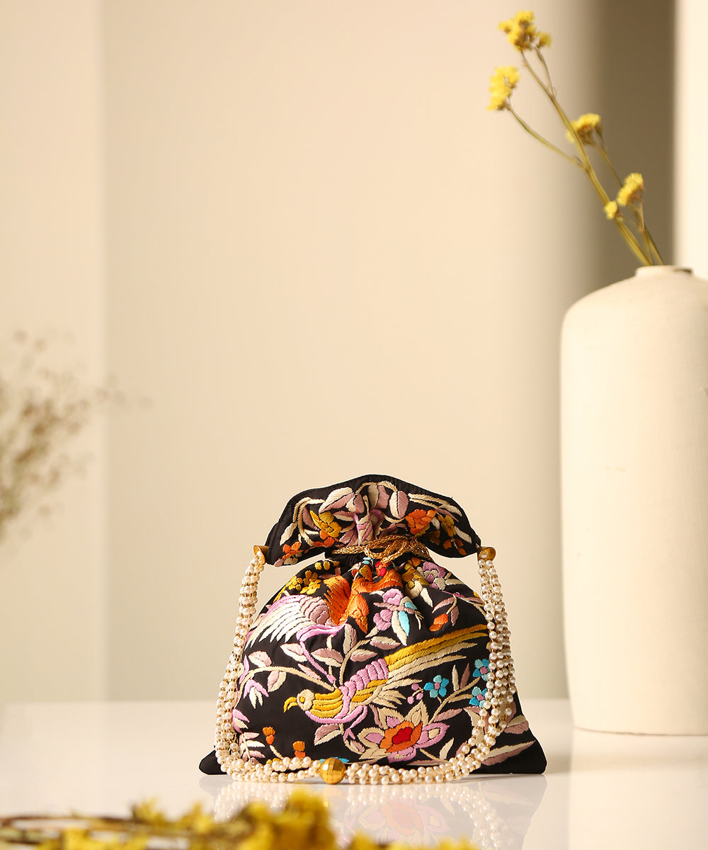 Black_Crepe_Single_Side_Embroidered_Parsi_Gara_Potli_With_Multicolored_Peacock_Pattern_WeaverStory_01