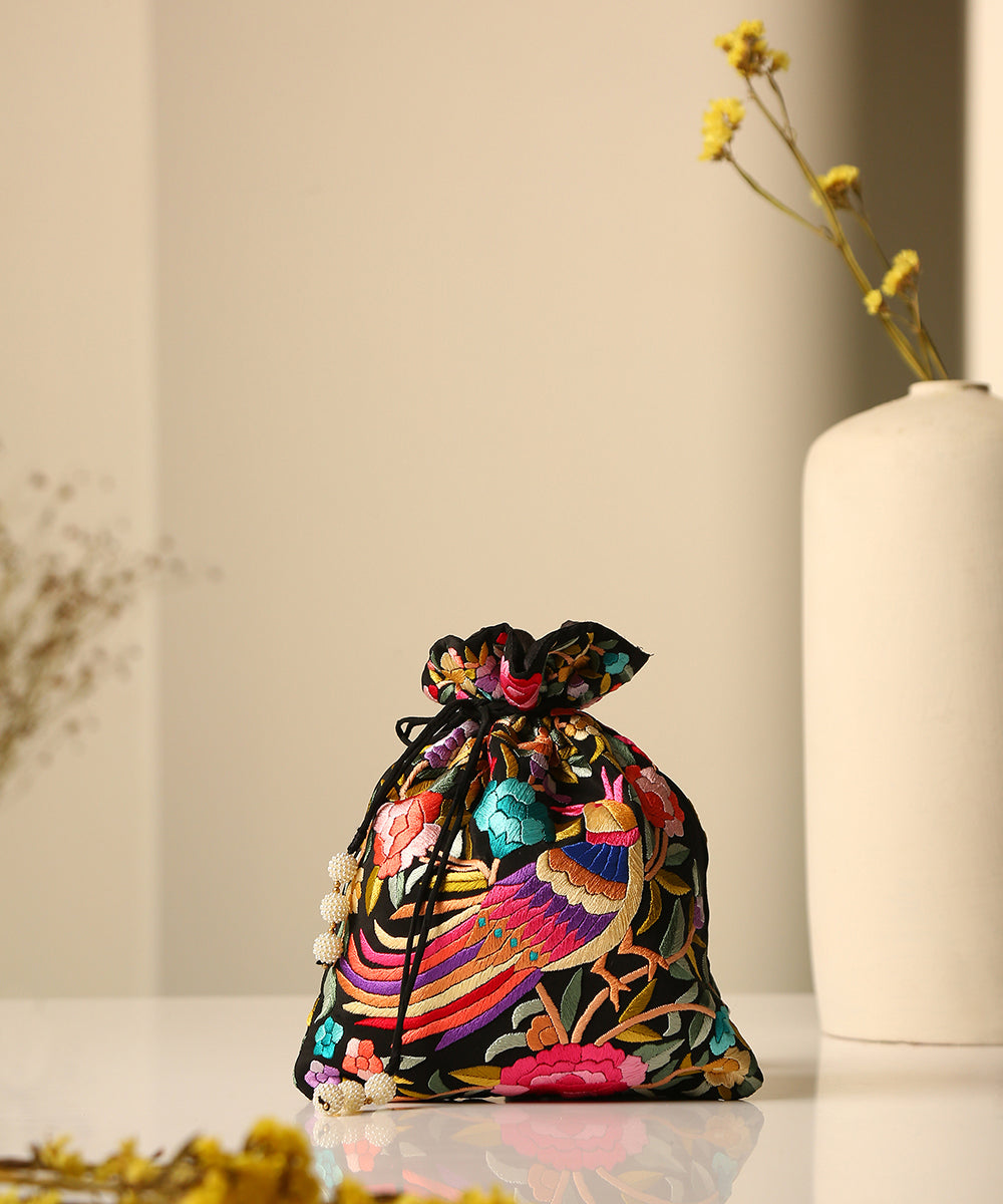 Black_Crepe_Single_Side_Embroidered_Parsi_Gara_Potli_With_Multicolored_Birds_Pattern_WeaverStory_01