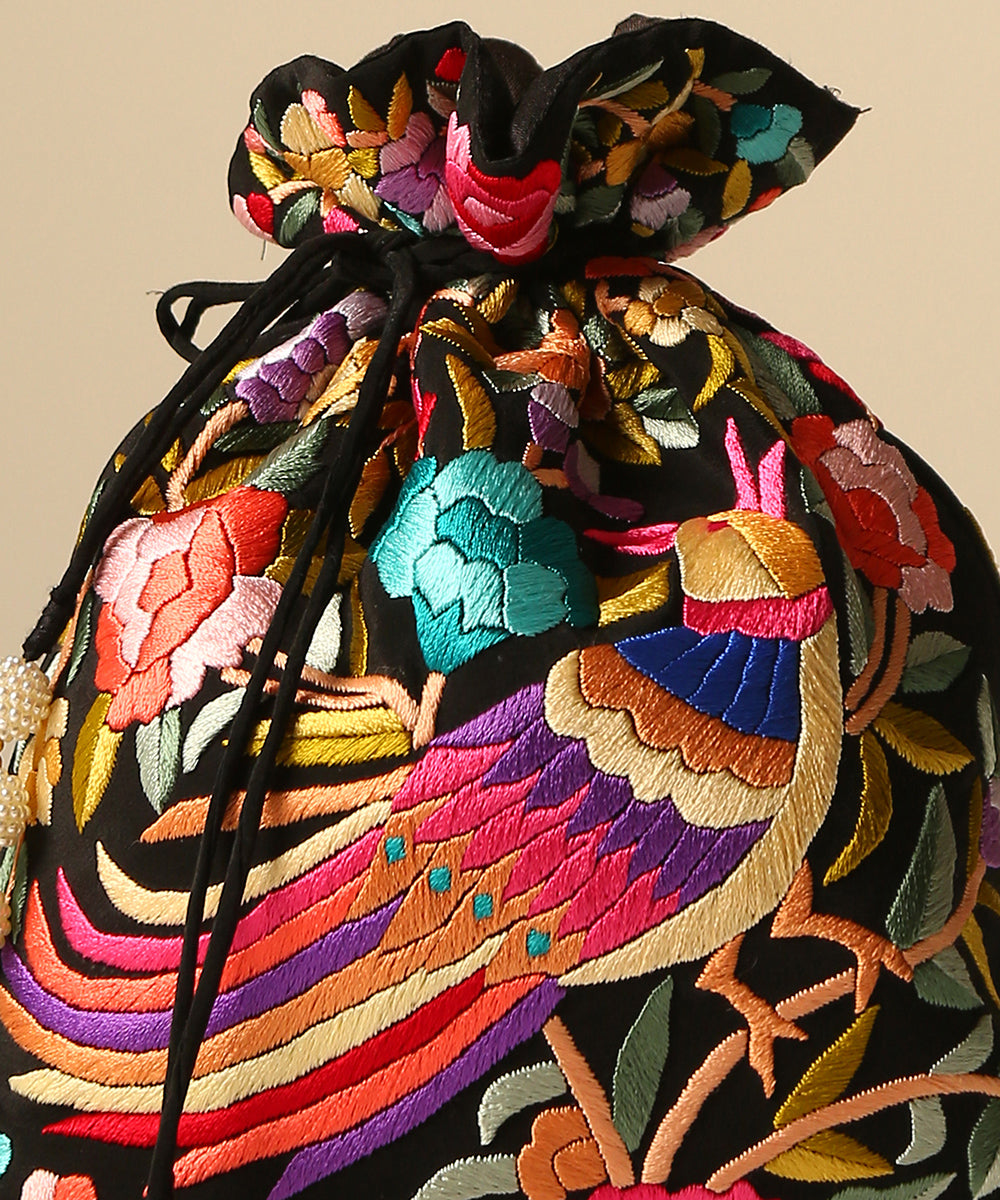 Black_Crepe_Single_Side_Embroidered_Parsi_Gara_Potli_With_Multicolored_Birds_Pattern_WeaverStory_03