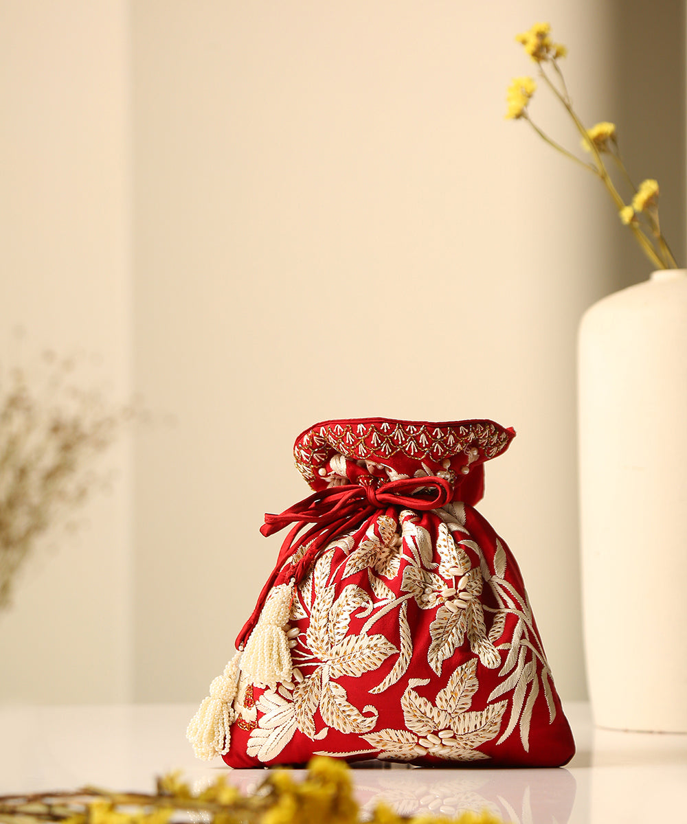 Maroon_Crepe_Single_Side_Embroidered_Parsi_Gara_Potli_With_Lily_Motifs_WeaverStory_01