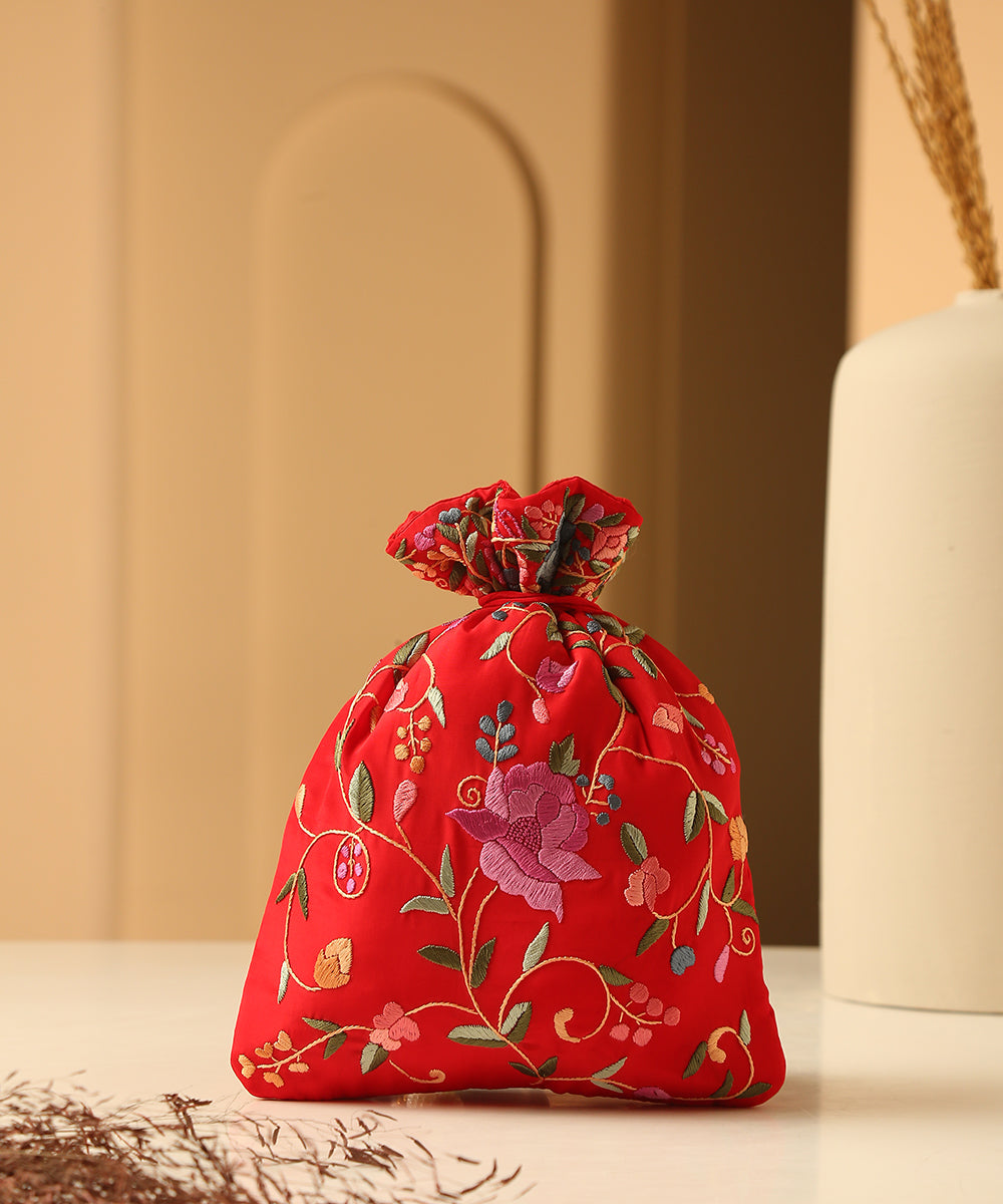 Red_Crepe_Single_Side_Hand_Embroidered_Parsi_Gara_Potli_With_Floral_Jaal_WeaverStory_01