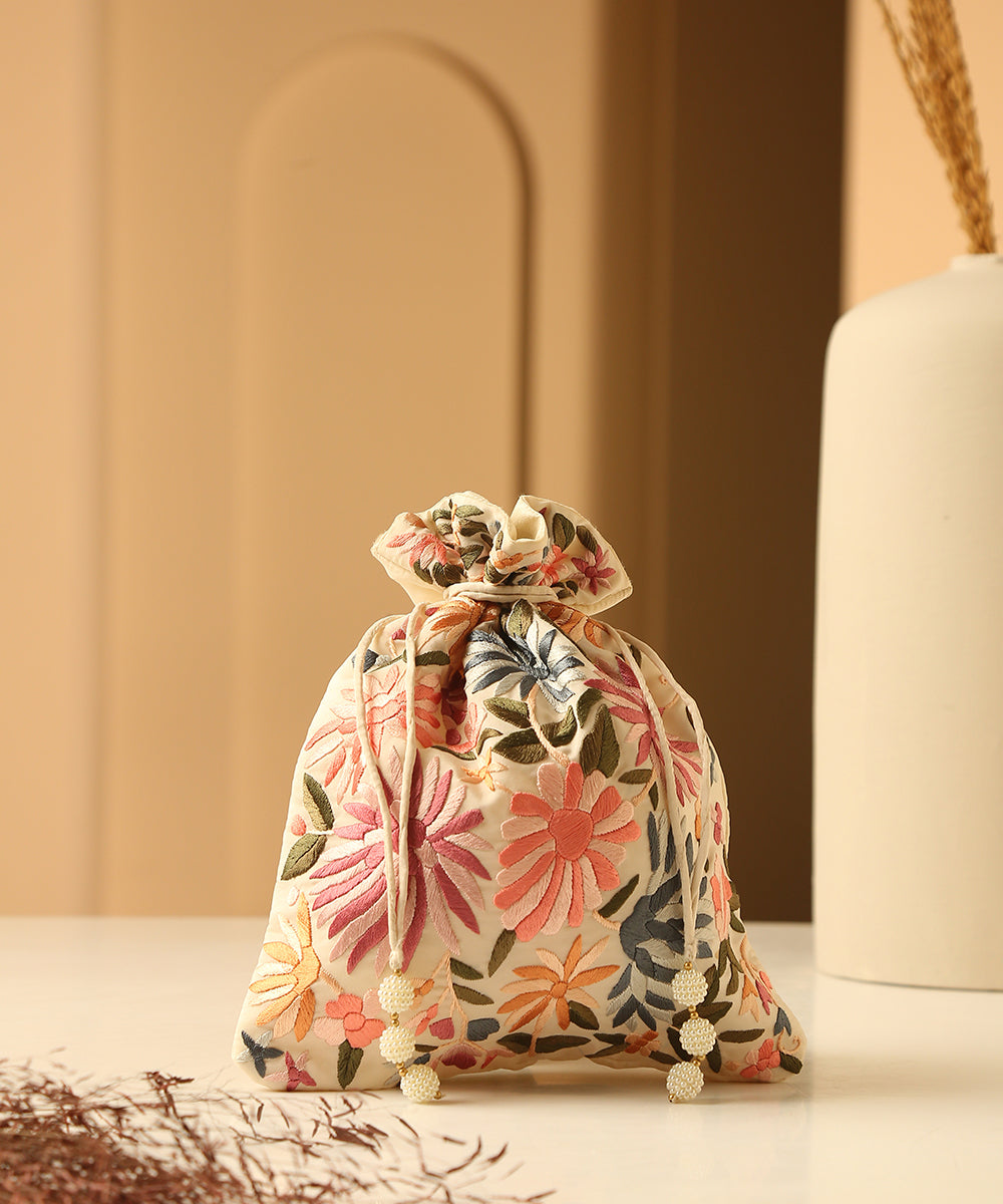 Crepe_Beige_Single_Side_Hand_Embroidered_Parsi_Gara_Potli_With_Multicolor_Flowers_WeaverStory_01
