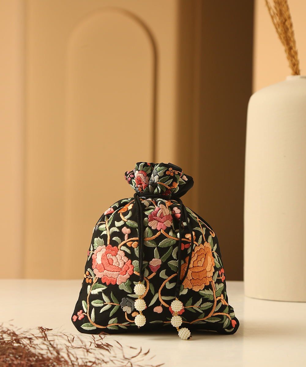 Black_Crepe_Single_Side_Hand_Embroidered_Parsi_Gara_Potli_With_Multicolor_Motifs_WeaverStory_01
