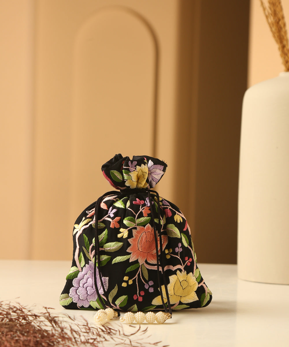 Crepe_Black_Single_Side_Hand_Embroidered_Parsi_Gara_Potli_With_Flower_Motifs_WeaverStory_01