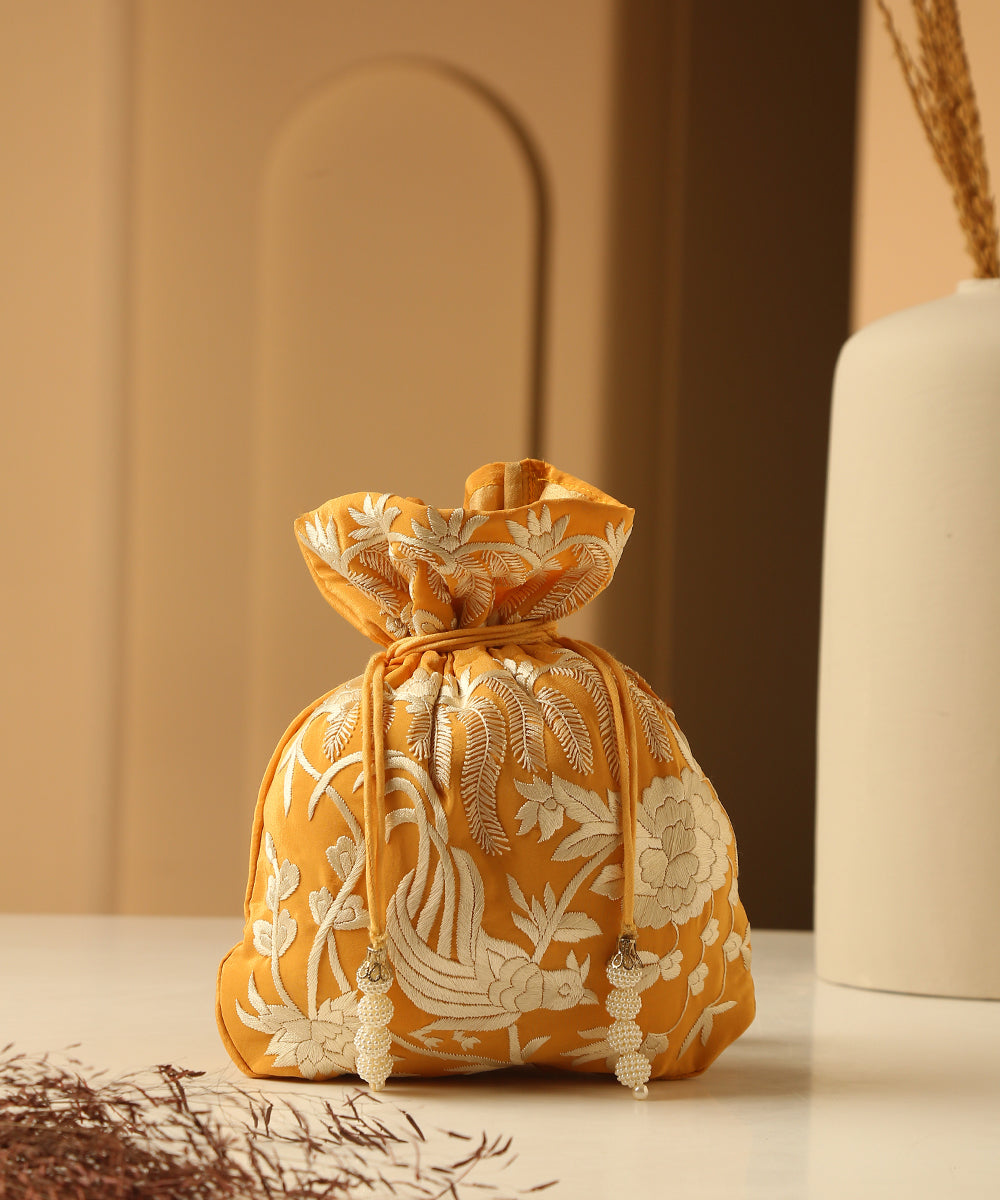 Crepe_Mustard_Single_Side_Hand_Embroidered_Parsi_Gara_Potli_With_Birds_Motifs_WeaverStory_01
