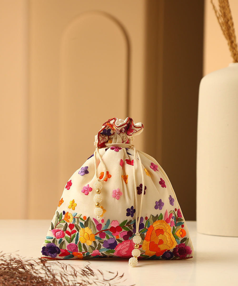 Offwhite_Crepe_Single_Side_Hand_Embroidered_Parsi_Gara_Potli_With_Multicolor_Flowers_WeaverStory_01