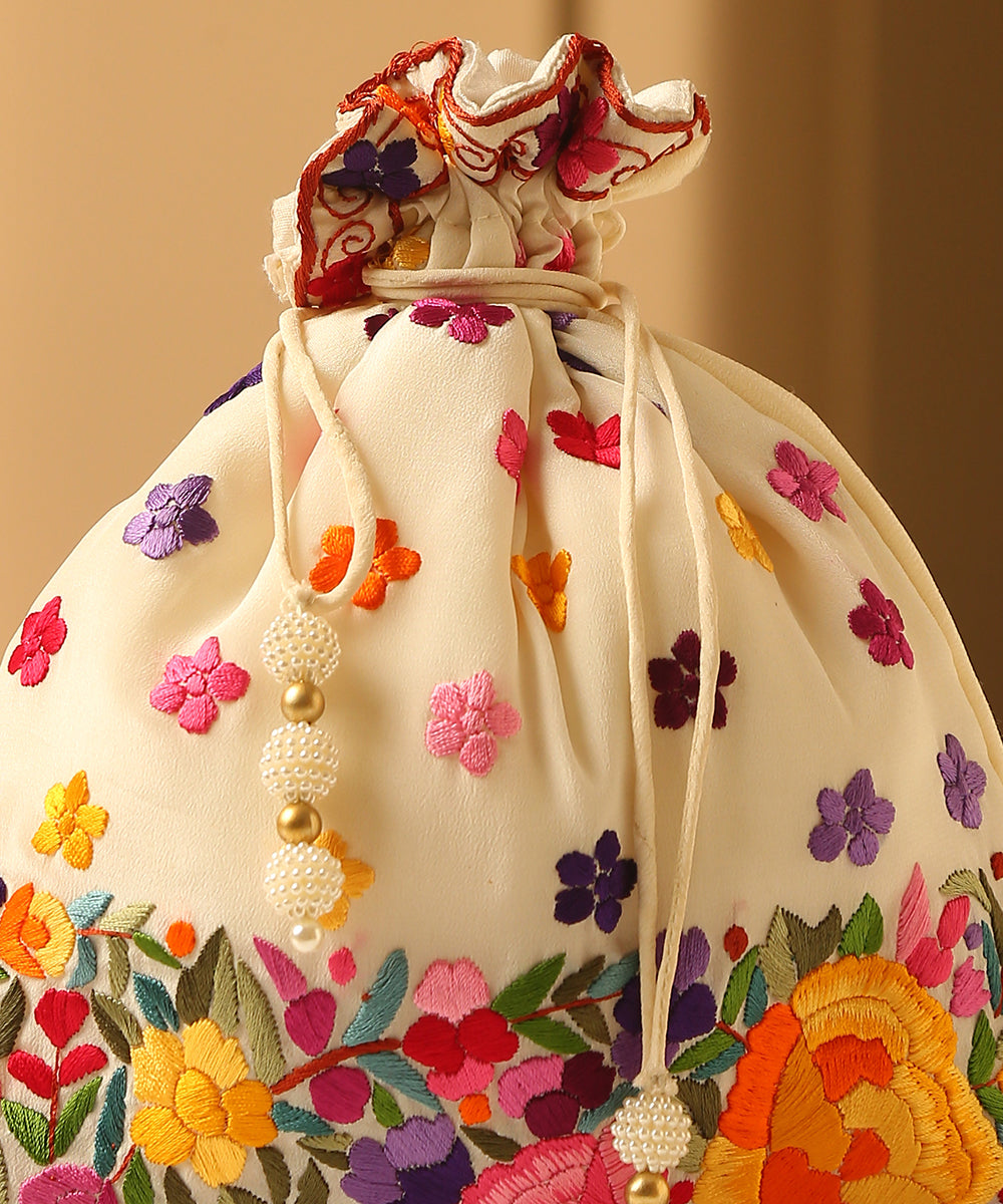 Offwhite_Crepe_Single_Side_Hand_Embroidered_Parsi_Gara_Potli_With_Multicolor_Flowers_WeaverStory_03