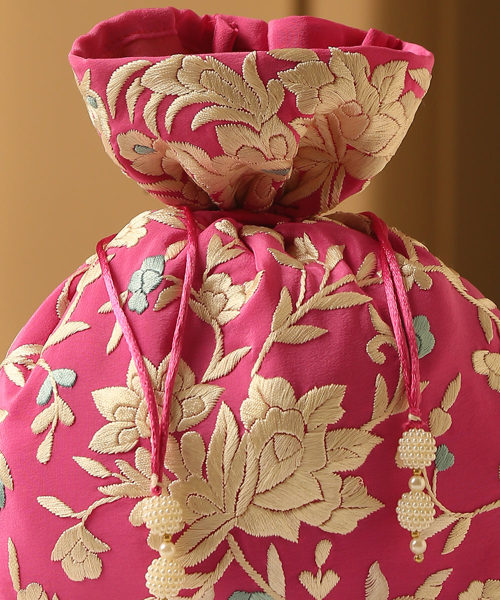 Crepe_Pink_Single_Side_Hand_Embroidered_Parsi_Gara_Potli_With_Floral_Jaal_WeaverStory_03