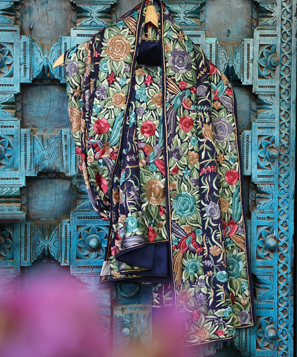 Blue_Handloom_Georgette_Parsi_Gara_Dupatta_With_All_Over_Embroidered_Floral_Jaal_And_Bird_Motifs_WeaverStory_01