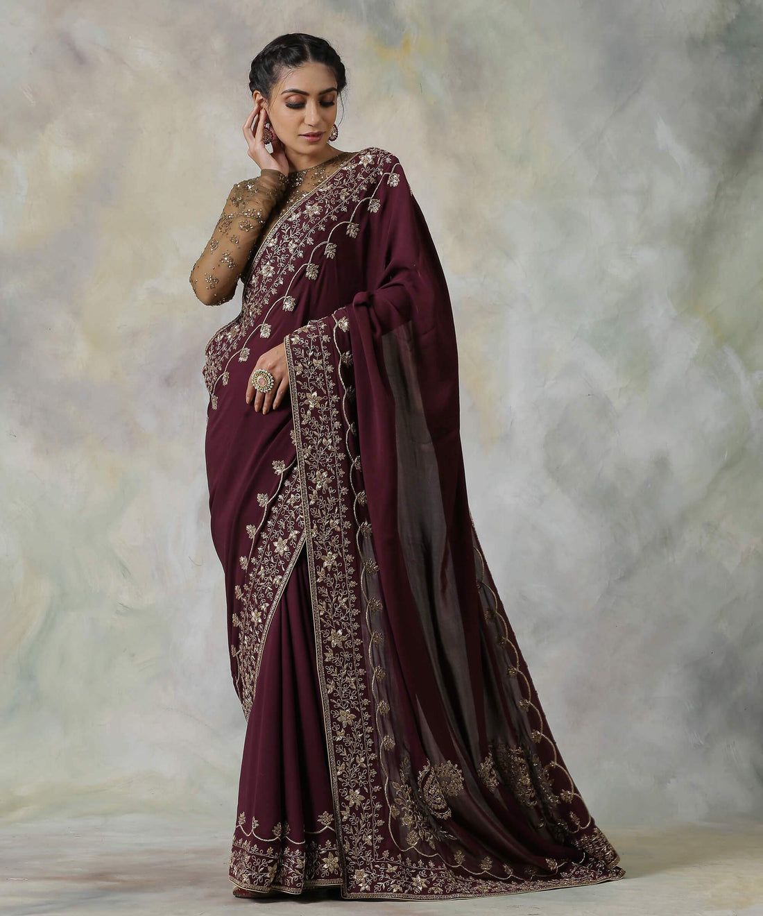 Wine_Pure_Crepe_Georgette_Saree_with_Zardozi_Borders_and_Paisleys_on_the_Pallu_WeaverStory_02