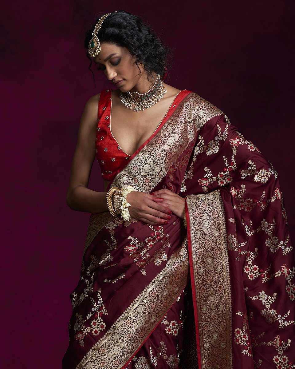Wine_Handloom_Jangla_Katan_Silk_Banarasi_Saree_with_Meenakari_and_Zari_Work_WeaverStory_01