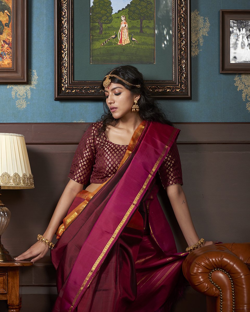 Wine_Handloom_Kanjivaram_Silk_Saree_With_Plum_And_Mustard_Border_WeaverStory_01