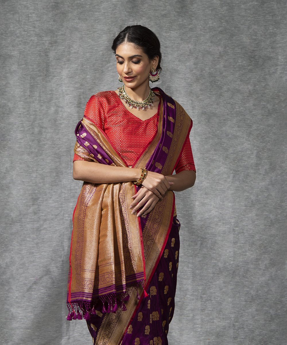 Wine_Handloom_Katan_Silk_Cutwork_Banarasi_Saree_with_Booti_and_Red_Selvedge_WeaverStory_01