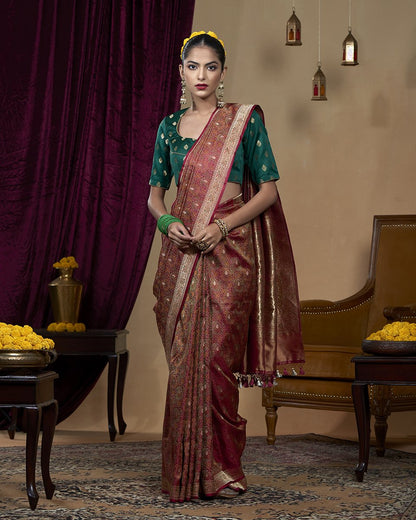 Wine_Handloom_Pure_Katan_Silk_Jamawar_Tanchoi_Banarasi_Saree_with_Ambi_Booti_WeaverStory_02