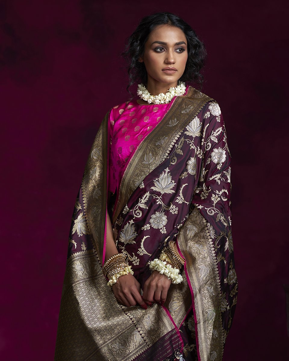 Wine_Katan_Silk_Handloom_Banarasi_Saree_with_Floral_Jaal_and_Tissue_Weft_Border_WeaverStory_01