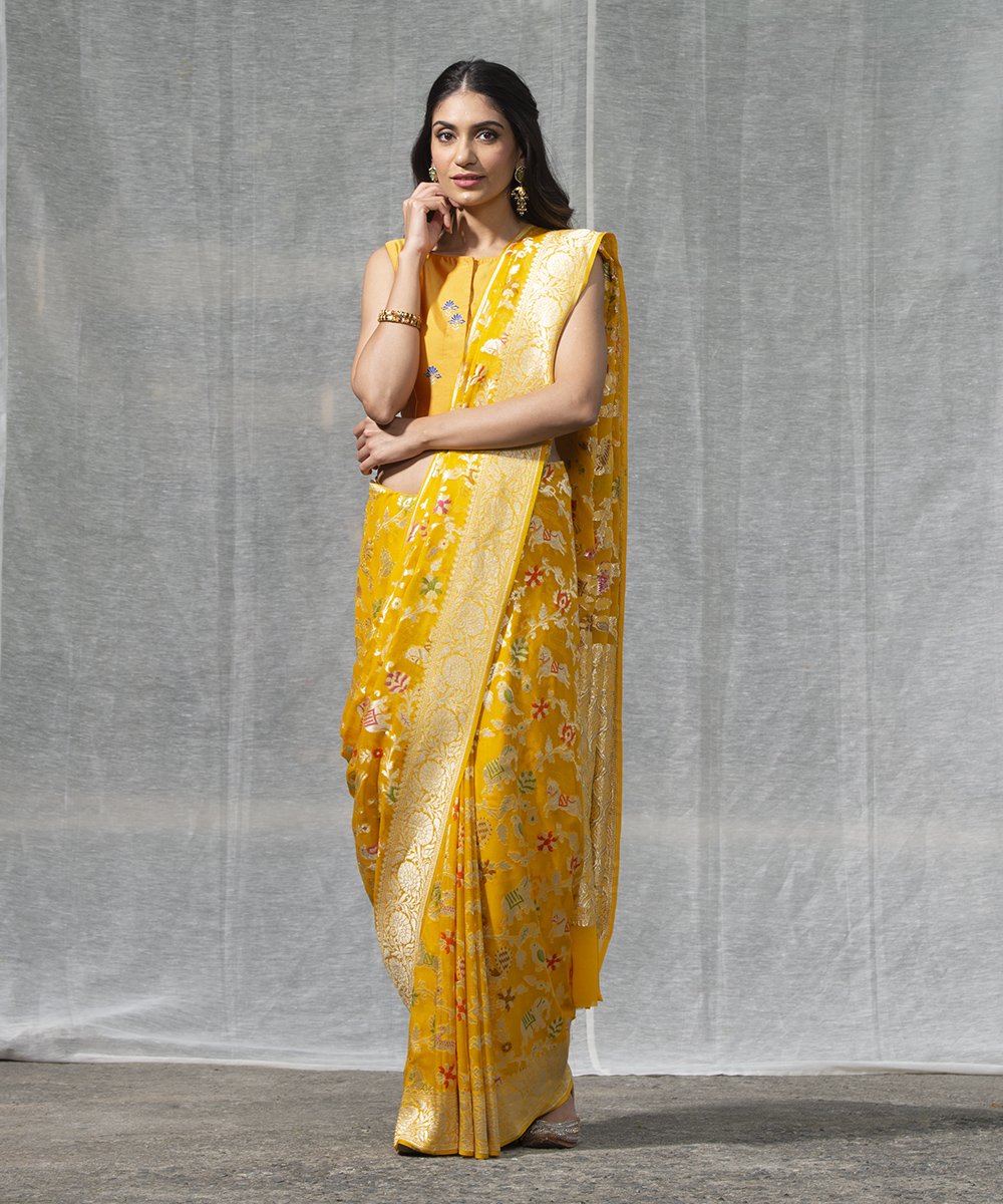 Yellow_Handloom_Pure_Georgette_Banarasi_Shikargah_Saree_with_Meenakari_WeaverStory_02