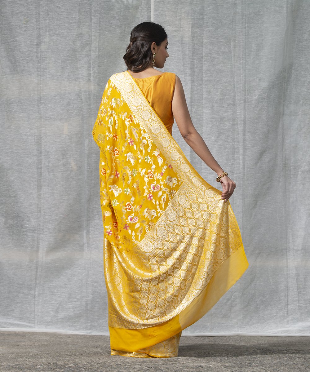 Yellow_Handloom_Pure_Georgette_Banarasi_Shikargah_Saree_with_Meenakari_WeaverStory_03