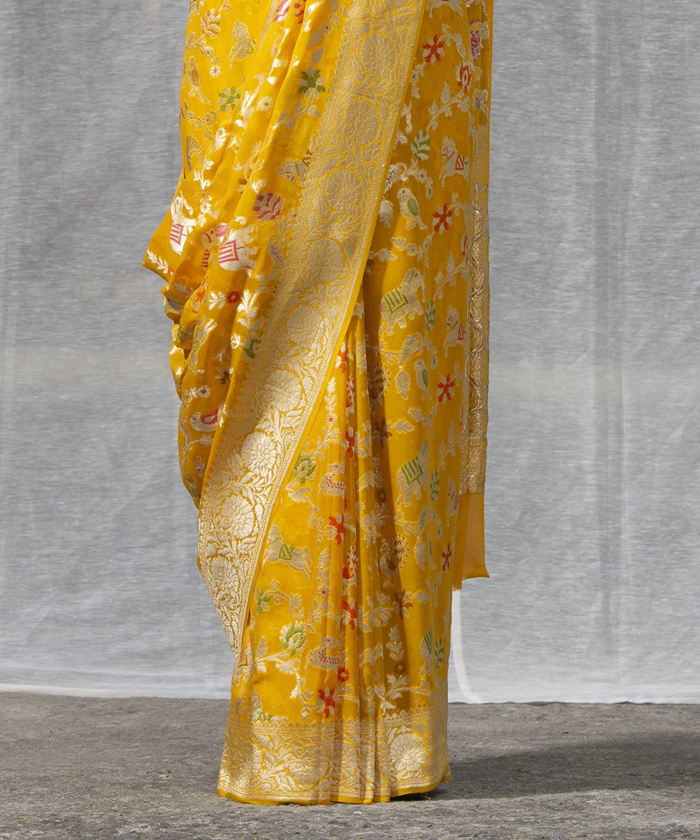 Yellow_Handloom_Pure_Georgette_Banarasi_Shikargah_Saree_with_Meenakari_WeaverStory_04