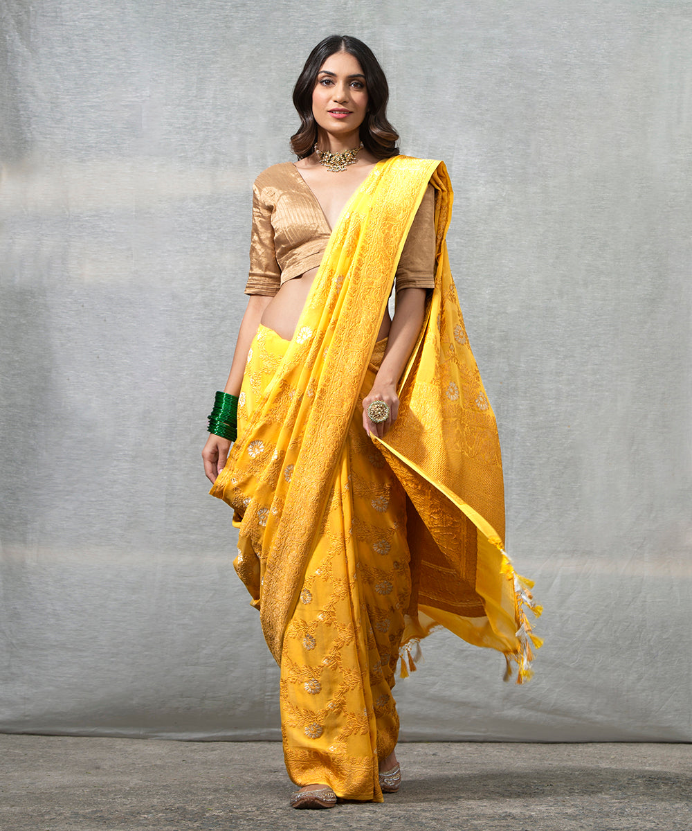 Upasana Kamineni In Yellow Handloom Georgette Kadhwa Banarasi Saree