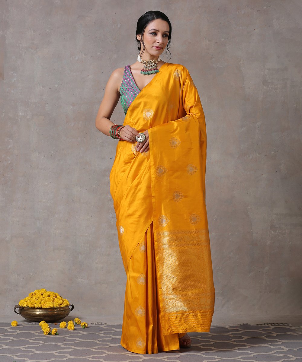 Yellow_Handloom_Pure_Katan_Silk_Banarasi_Saree_with_And_Silver_Zari_Boota_WeaverStory_01