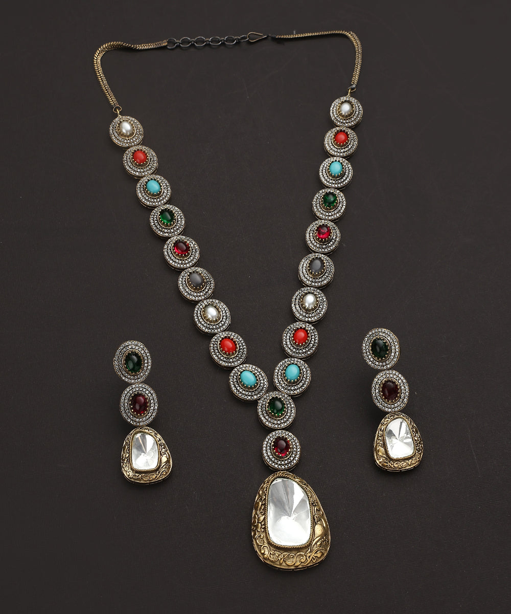 Akantak_Handcrafted_Multi-coloured_Stones_Long_Necklace_Set_With_Polki_WeaverStory_02