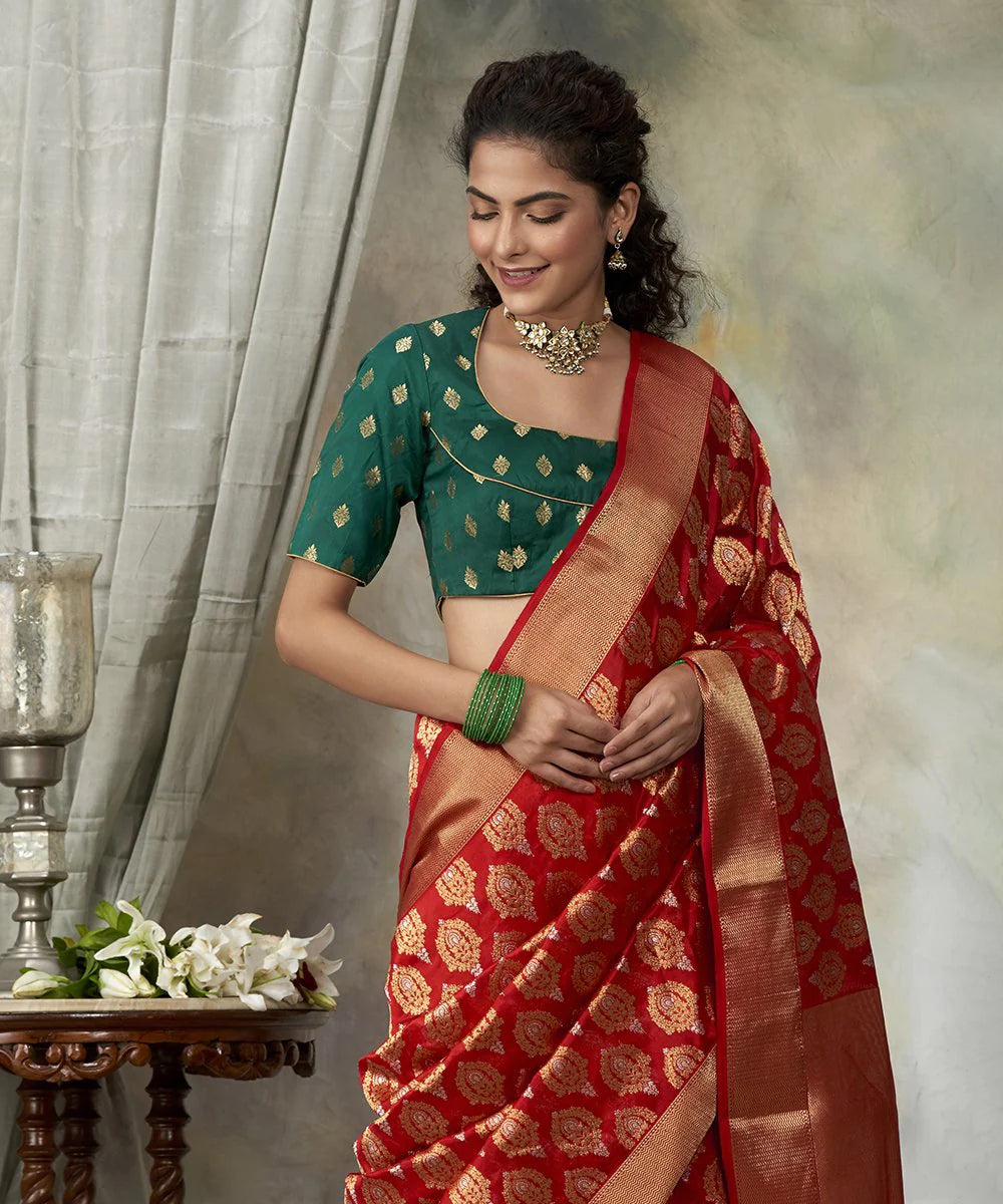 Handloom Bridal Red Chanderi Silk Saree With Meenakari Booti