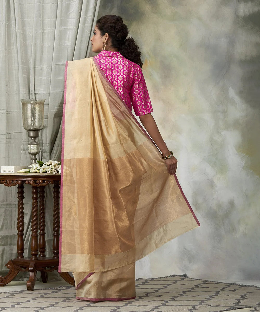 Beige and Gold Handloom Chanderi Cotton Tissue Saree with Zari Border