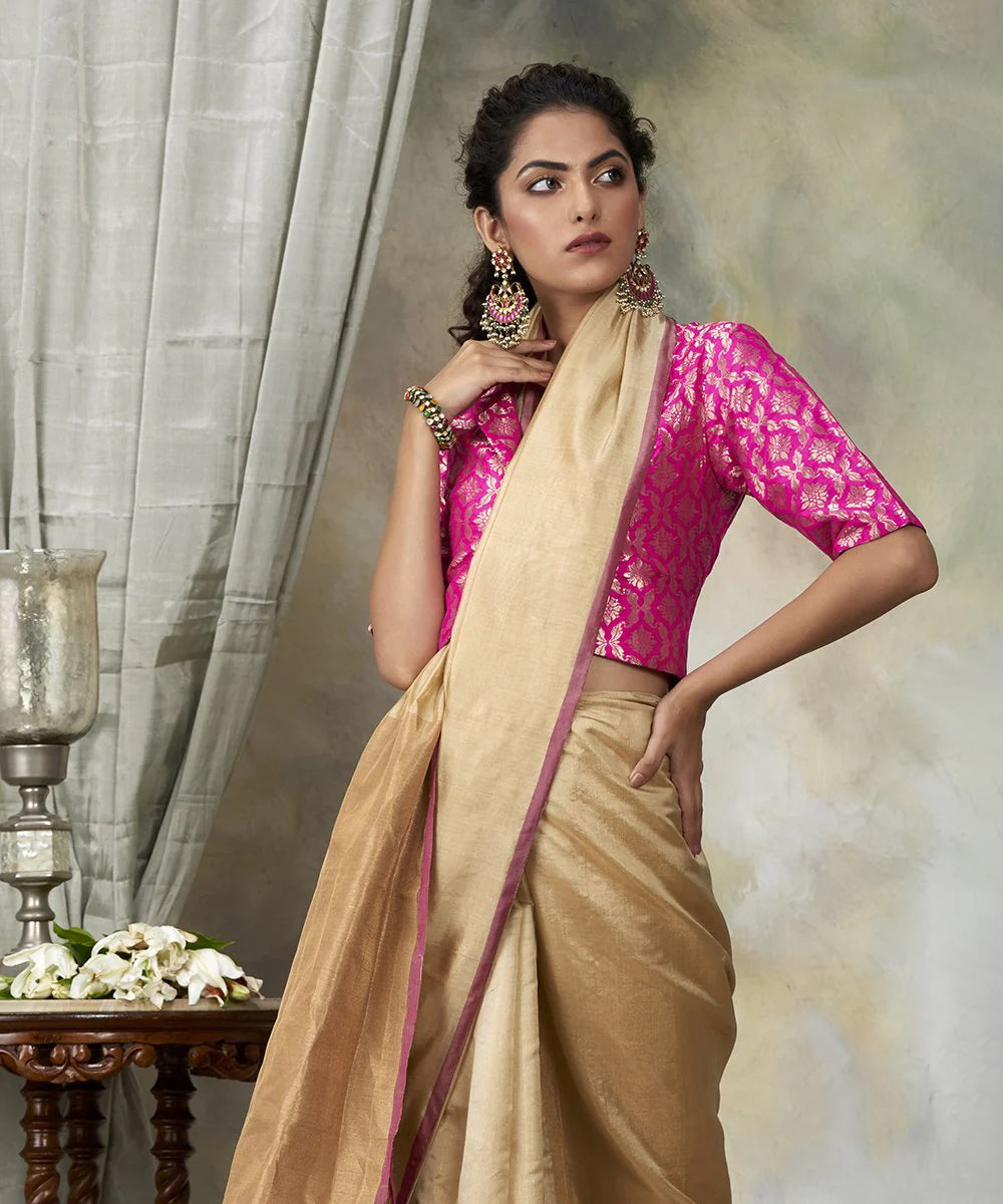 Beige And Gold Handloom Chanderi Cotton Tissue Saree With Zari Border