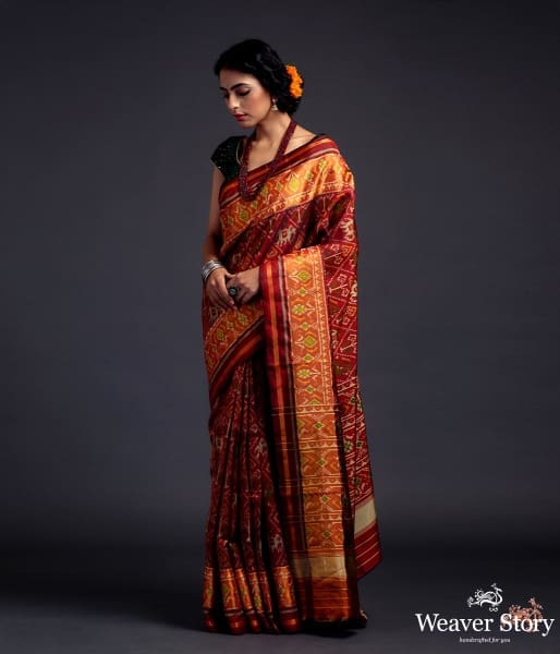 Mahroon_single_ikat_patola_saree_with_tissue_border_WeaverStory_02