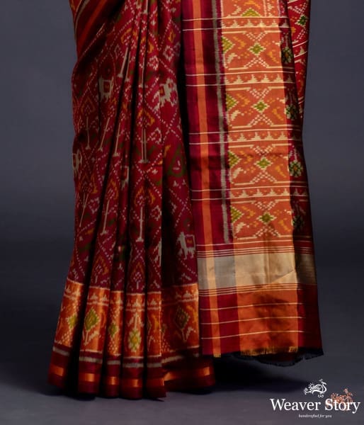 Mahroon_single_ikat_patola_saree_with_tissue_border_WeaverStory_04