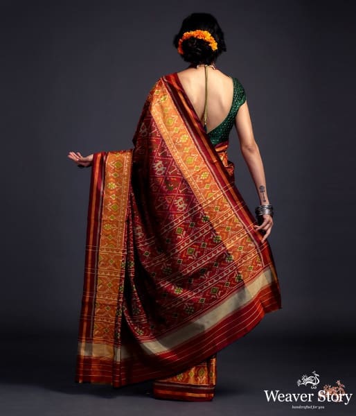 Mahroon_single_ikat_patola_saree_with_tissue_border_WeaverStory_03