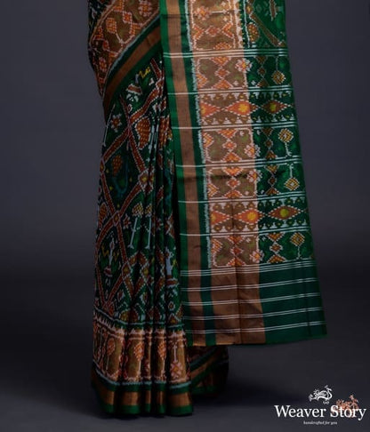 Emerald_green_single_ikat_patola_saree_with_tissue_border_WeaverStory_04