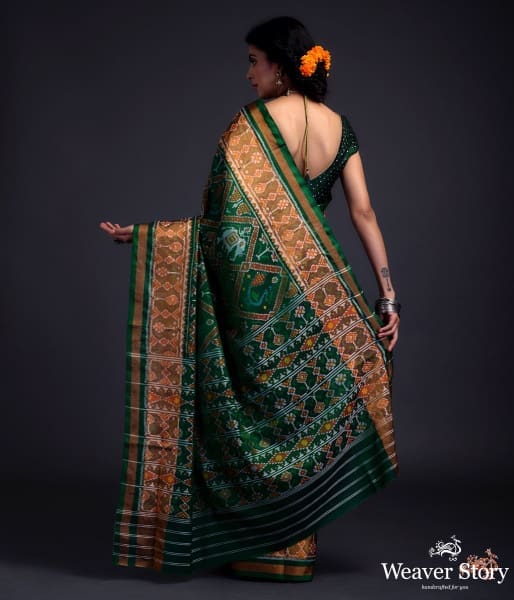 Emerald_green_single_ikat_patola_saree_with_tissue_border_WeaverStory_03