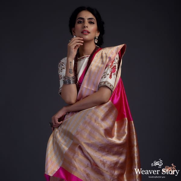 Hot_Pink_silk_chanderi_saree_with_Gold_and_silver_borders_WeaverStory_01